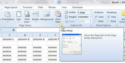 open the excel 2010 page setup menu