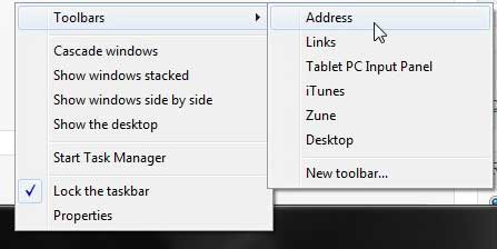 add the address toolbar to windows 7 task bar