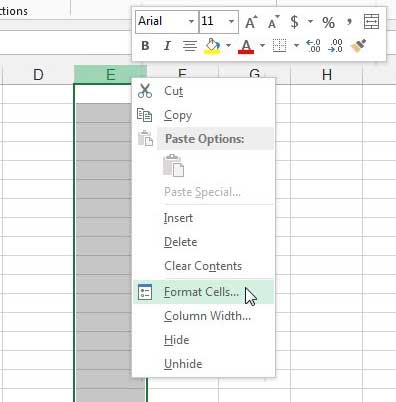 select the format cells option on an empty column