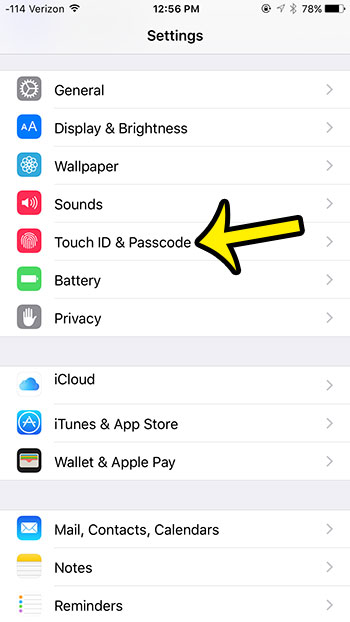 open the touch id and passcode menu