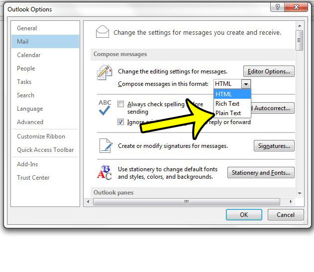 send as plain text by default in outlook 2013