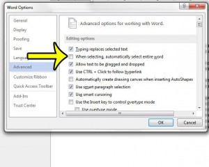 click the "when selecting, always select entire word" option