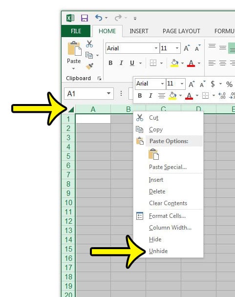 unhide hidden rows and columns in excel 2013