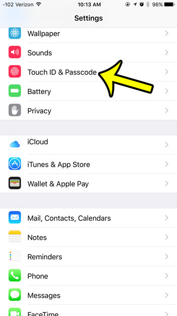 open the touch id and passcode menu