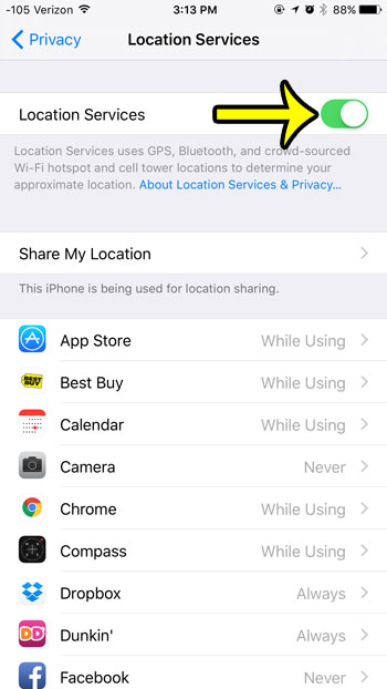 tap the location services button