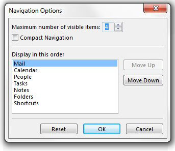 navigation options in outlook 2013