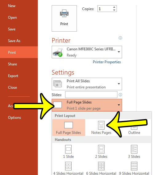 print notes pages in powerpoint 2013