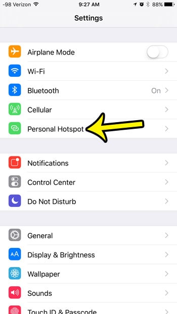 open personal hotspot menu