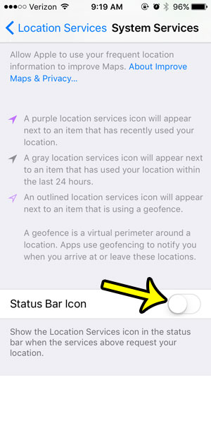 turn off the status bar icon for iphone system services