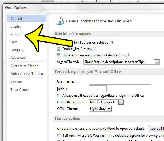 click the Proofing tab in Word Options