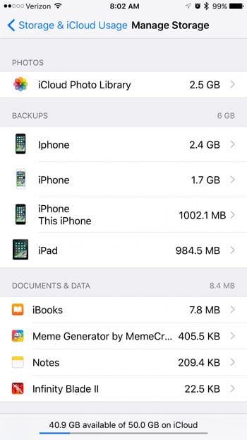 detailed icloud storage usage information