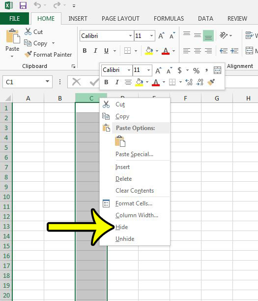 how to hide a row or column in excel 2013