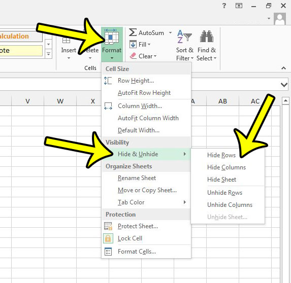 hwo to hide rows or columns using the excel 2013 ribbon commands