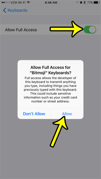 allow full access for the bitmoji keyboard