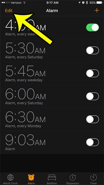 How to Turn Off the Snooze Option for an Alarm on an iPhone 7 3 tap the edit button at the top-left of the screen