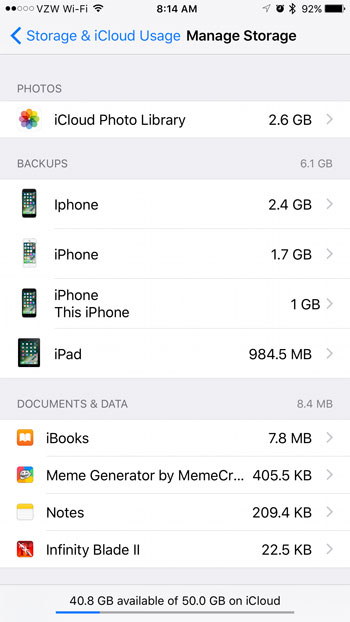 icloud storage usage on an iphone
