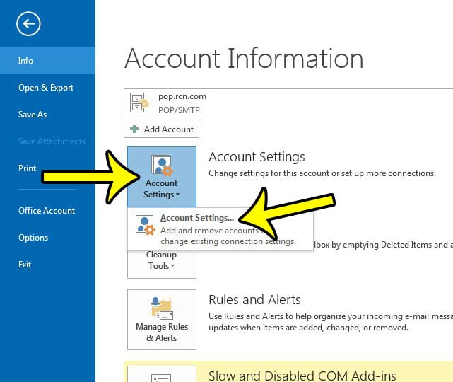 open the outlook 2013 account settings menu