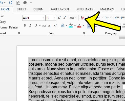 clear formatting from select text in word 2013