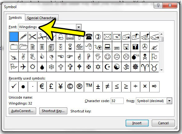 choose the wingdings font