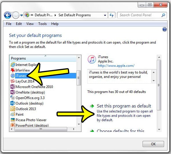 how to set iTunes as default
