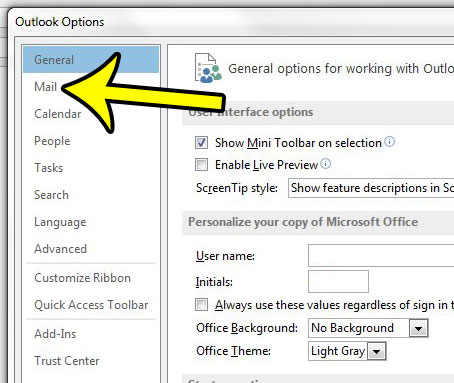 click the mail tab in outlook options