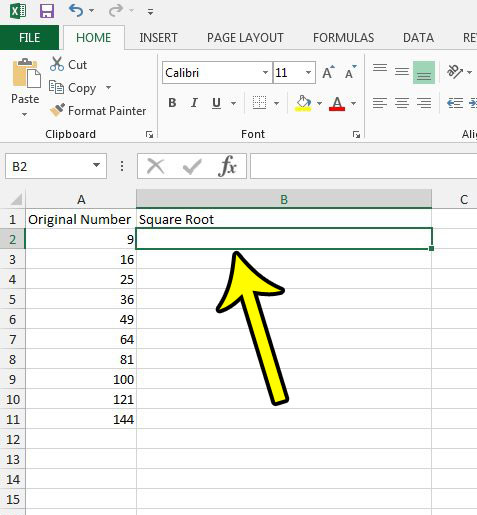 select the cell for the square root in Excel