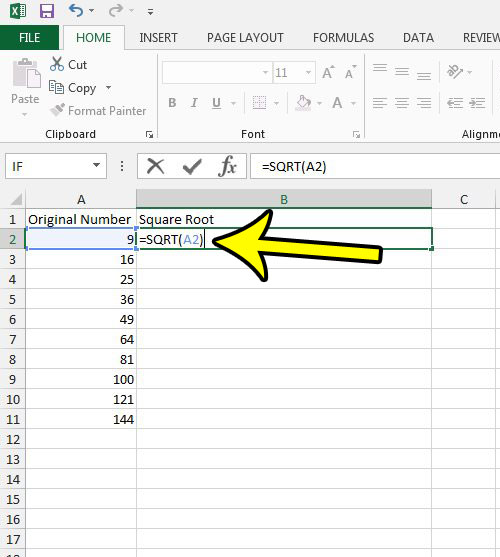 how to do a square root in excel 2013