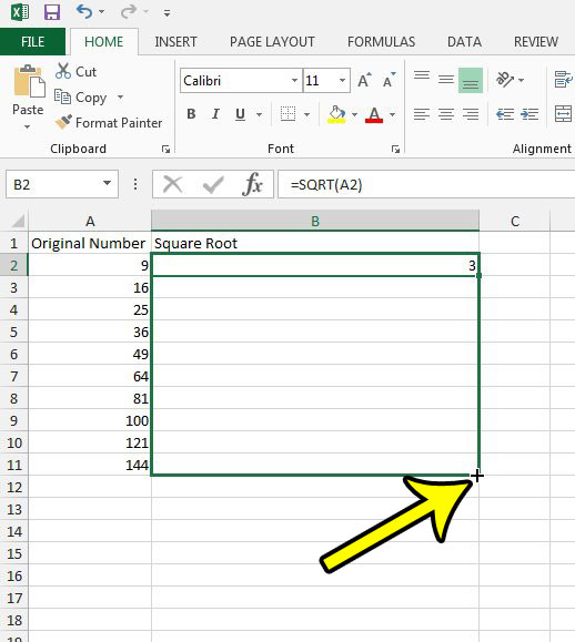 find a square root in excel 2013