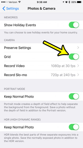 how to turn on the camera grid on an iphone 7