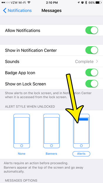 enable alert notifications for the iphone messages app