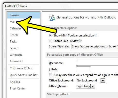 open the mail menu in outlook options