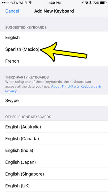 how to add the spanish keyboard on an iphone 7