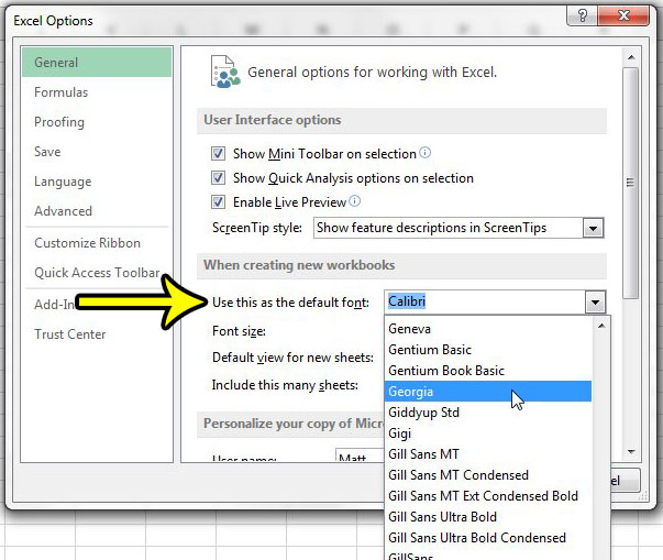 how to change the default font in excel 2013