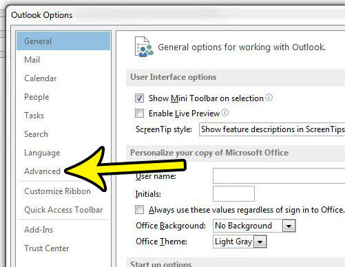 click the advanced tab in outlook 2013