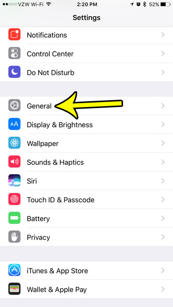 select the iphone general menu