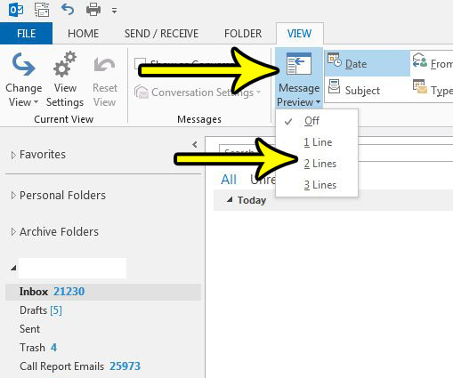how to change the number of preview lines in outlook 2013