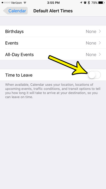 how to turn off time to leave alert iphone calendar