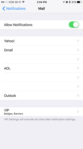 selective email notification settings iphone