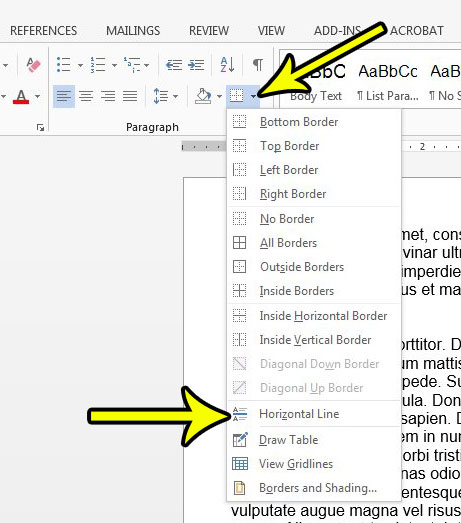 how to add a horizontal line in word 2013