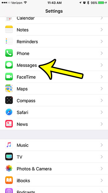 open the messages menu in iphone settings