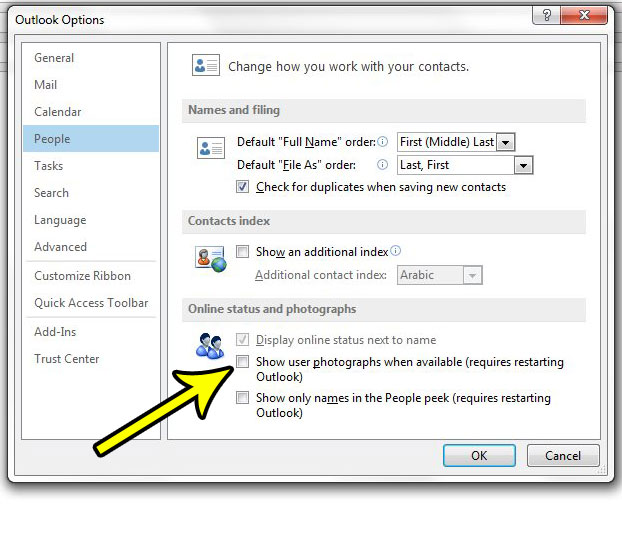 how to hide contact pictures in outlook 2013