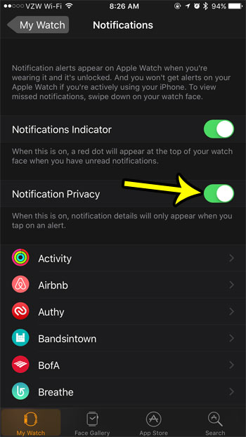 how to enable notification privacy on the apple watch