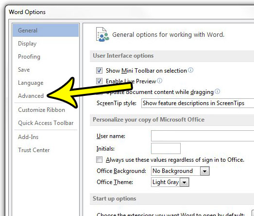 click the advanced tab in word options