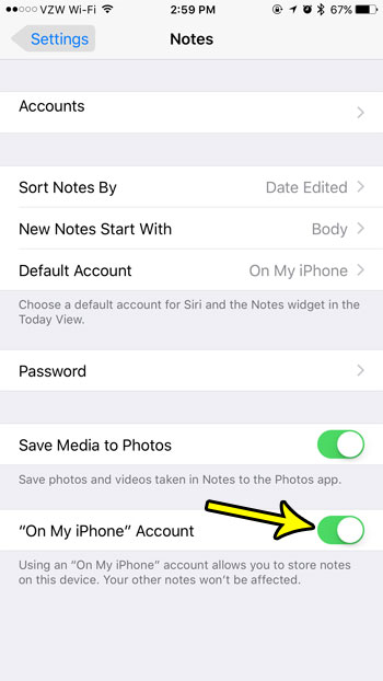 how to enable the on my iphone notes account