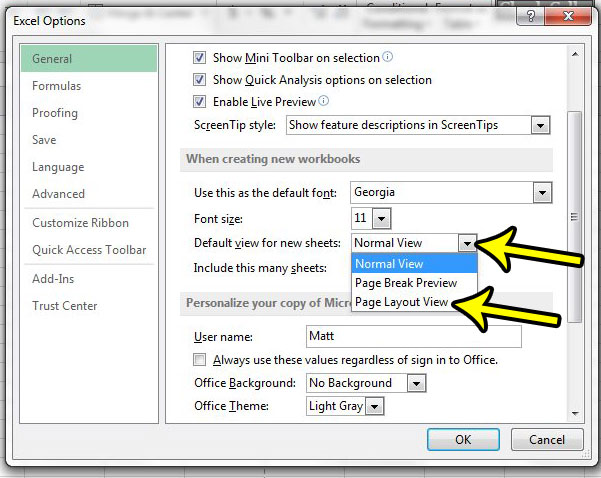 how to use page layout view as default in excel 2013