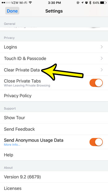 tap the clear private data button