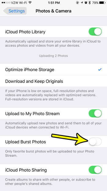 how to disable burst photo upload on an iphone 7