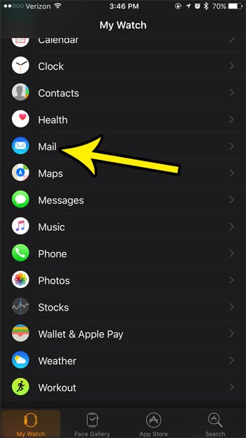 open the mail menu for the watch
