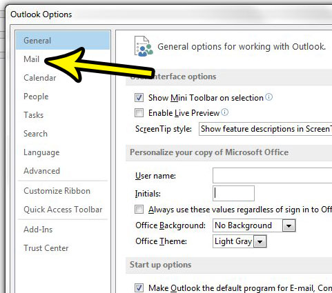 click the mail tab in outlook options