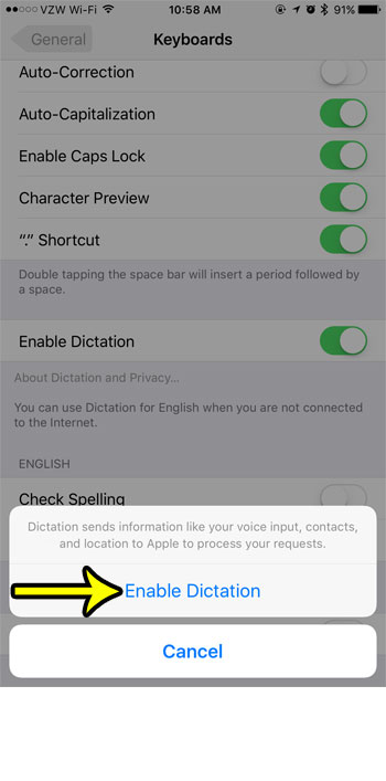 how to enable dictation on iphone 7